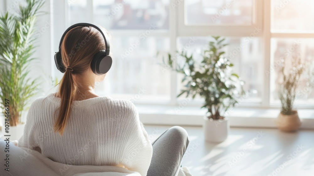 Woman enjoying calm music bright room clean background copy space Woman enjoying calm music bright room clean background copy space