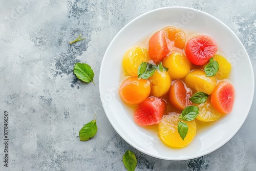 Vibrant quince candies served with tea on a white plate against a plain backdrop