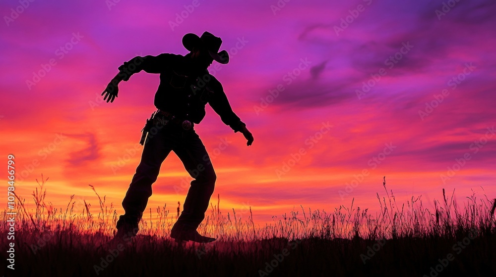 Silhouette of a cowboy against a vibrant sunset backdrop in a grassy field. Silhouette of a cowboy against a vibrant sunset backdrop in a grassy field.