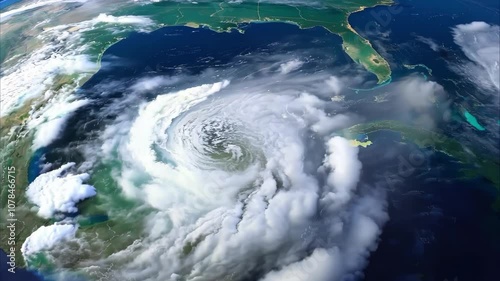 A view of Earth highlighting a hurricane in the Gulf of Mexico, with land areas visible and another storm in the Atlantic.