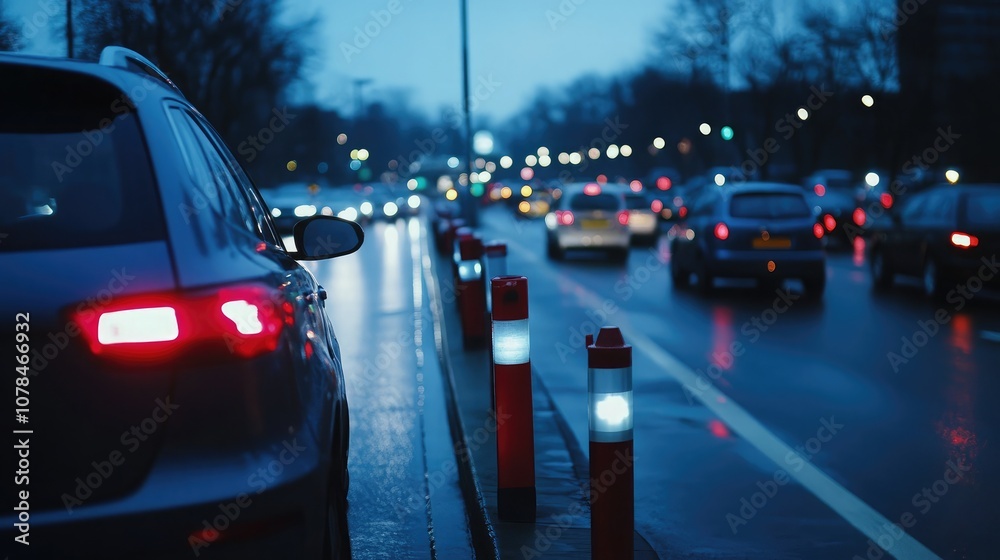 Nighttime Urban Traffic Scene Captured on a Rainy Evening with Glowing Tail Lights and Reflections on the Wet Road, Featuring Various Vehicles in Motion Nighttime Urban Traffic Scene Captured on a Rainy Evening with Glowing Tail Lights and Reflections on the Wet Road, Featuring Various Vehicles in Motion