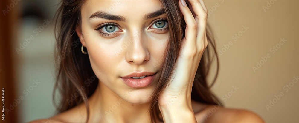 Fototapeta premium close-up portrait of young woman natural beauty clear skin blue eyes soft makeup skincare model facial expression beauty shot