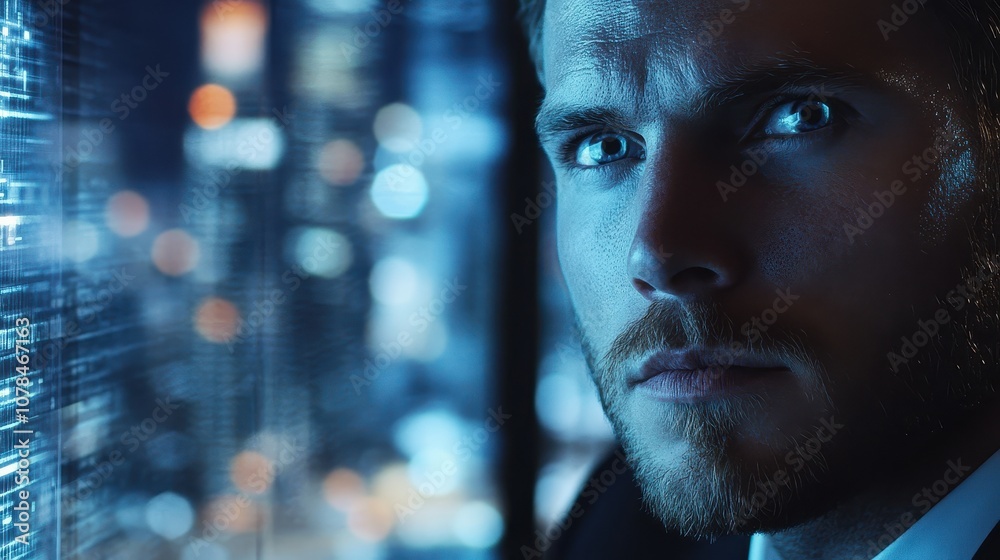 Intense Close-Up of Businessman Lost in Thought with Reflective Background, Capturing the Essence of Contemplation and Professionalism in a Modern Setting
