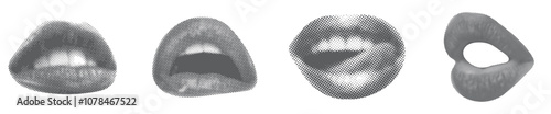 A set of black and white drawing of the lips, halftone dots background, dot effect lips with various expressions.