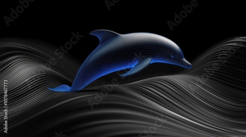 A 3D rendering of a blue dolphin leaping over abstract waves against a black background. photo