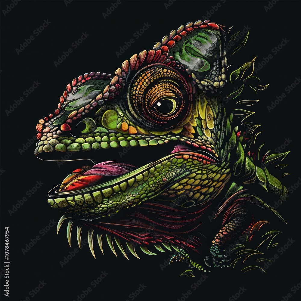 Obraz premium Intricate digital illustration of a chameleon with detailed patterns and textures, curled against a dark background. Generative AI