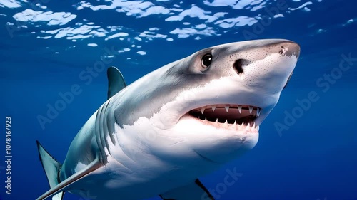 Close up of a shark swimming in bright blue water slowly and waiting.