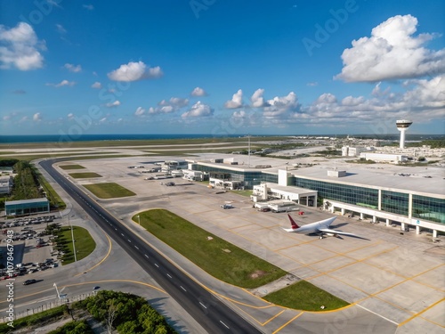 Captivating View of Cancun International Airport with a Stunning Sky, Showcasing Modern Architecture and Busy Runways, Perfect for Travel and Vacation Themes photo