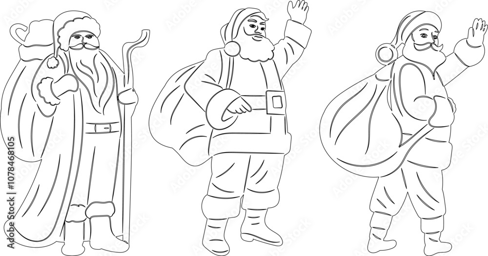Fototapeta premium sketch santa waving hand, outline, icon, vector