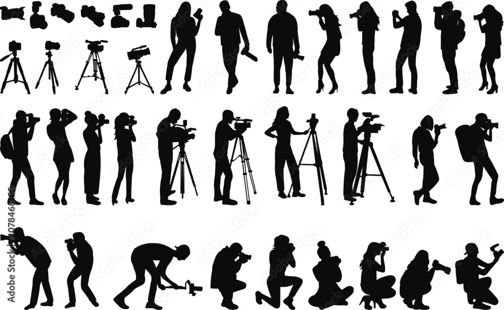 people taking pictures, filming video silhouette set in flat style, vector people taking pictures, filming video silhouette set in flat style, vector