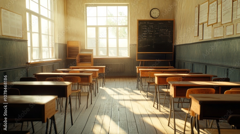 A classroom with a blackboard and a clock on the wall A classroom with a blackboard and a clock on the wall