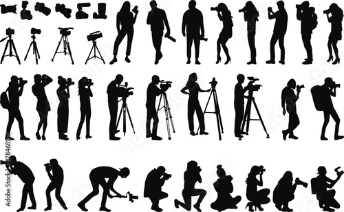 people taking pictures, filming video silhouette set in flat style, vector
