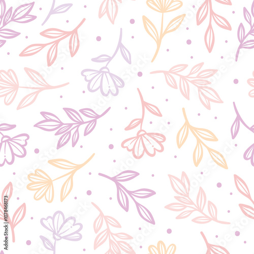 Cute pastel floral print, flower and leaf illustration vector repeat pattern, seamless tile design