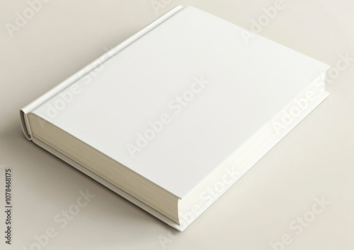 A plain, closed hardcover book with a white cover, set against a soft neutral background, ideal for mockups or minimalist design concepts. 