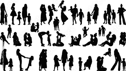 mother and child, mom and son, mom and daughter silhouette set in flat style, vector