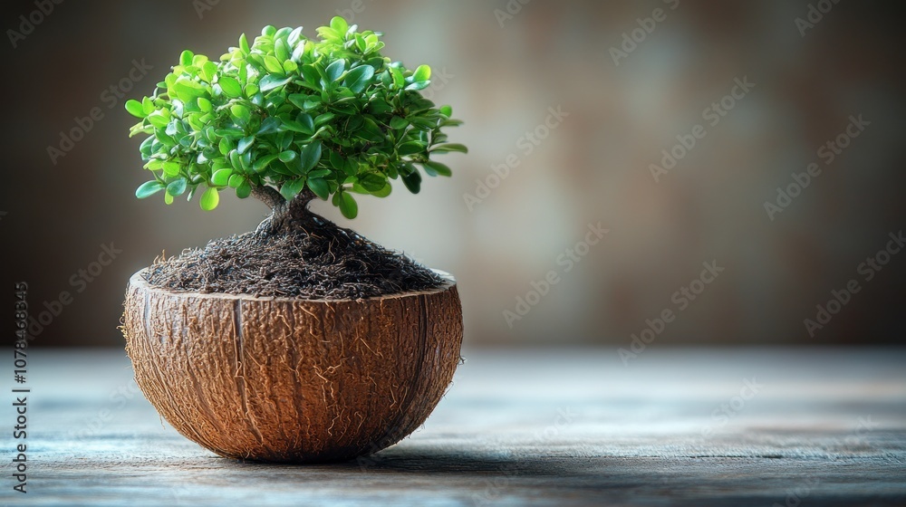 A small green plant in a coconut shell pot on a wooden table. A small green plant in a coconut shell pot on a wooden table.