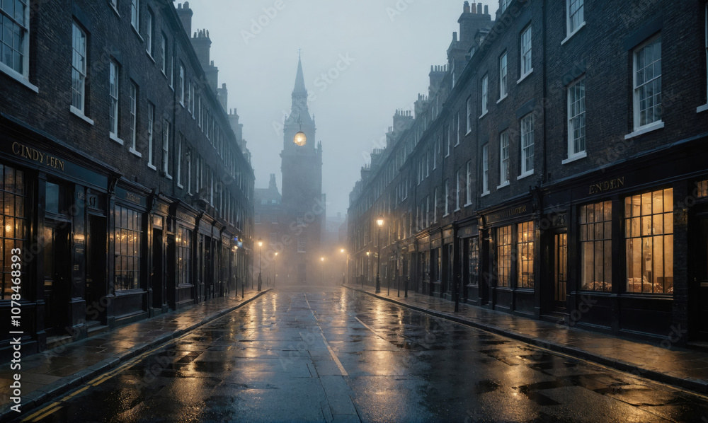 Obraz premium A foggy London street is lit by streetlamps reflecting on the wet pavement