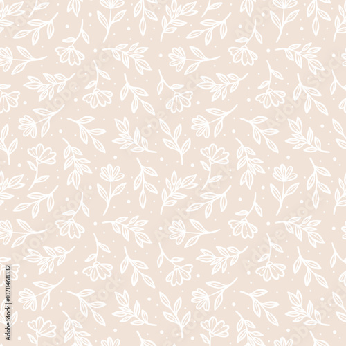 Neutral bright flower print, seamless repeating ditsy flower and leaf doodle illustration pattern, delicate floral wallpaper design