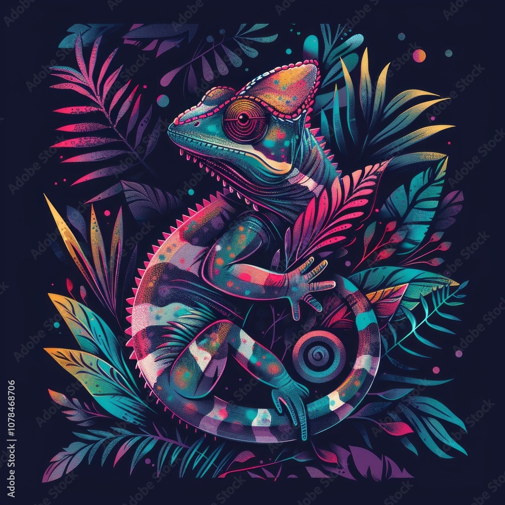 Obraz premium Colorful chameleon illustration in neon dot art style on black background. Digital art animal portrait. Abstract wildlife design for posters, wall art, and prints. Generative AI