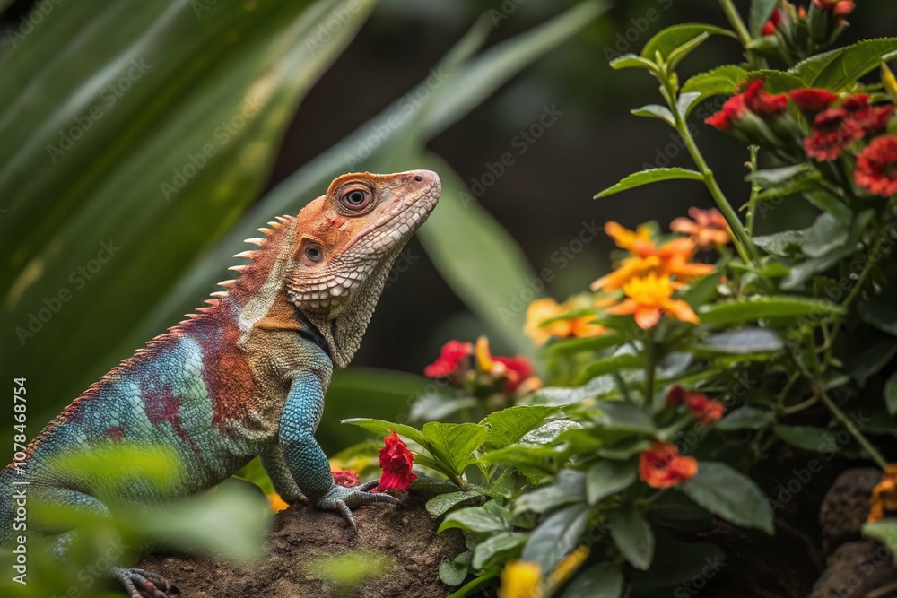 Obraz premium Captivating Wildlife Scene Featuring a Colorful Lizard in Its Natural Habitat Surrounded by Lush Vegetation and Vibrant Flora, Showcasing Nature's Beauty and Biodiversity