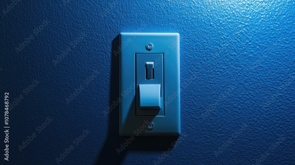Close-Up of a Modern Light Switch on a Dimly Lit Blue Wall, Showcasing an Elegant Design and Soft Shadows, Ideal for Home Decor or Interior Design Themes Close-Up of a Modern Light Switch on a Dimly Lit Blue Wall, Showcasing an Elegant Design and Soft Shadows, Ideal for Home Decor or Interior Design Themes