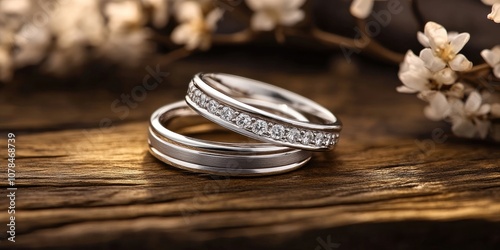 White gold wedding bands adorned with diamonds resting elegantly on a wooden surface showcase a beautiful display of fine craftsmanship and timeless romance. photo