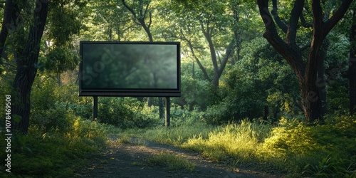 A mockup of a digital billboard is placed within a forest setting, showcasing how it blends into the natural surroundings of the trees and greenery. photo