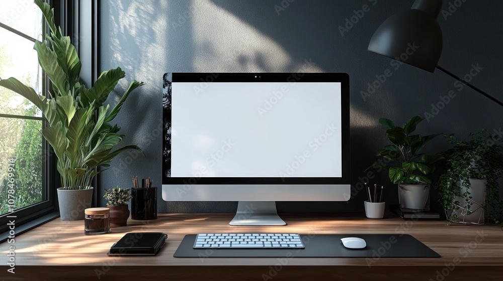 Minimalist Workspace with Computer and Plants Minimalist Workspace with Computer and Plants