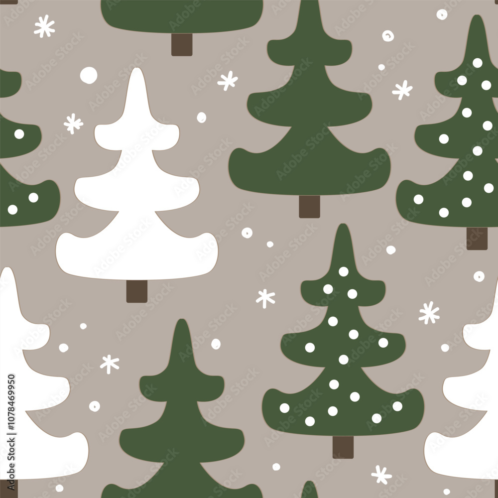 Fototapeta premium Simple abstract seamless pattern with cute fir trees and doodle snow. Christmas forest background, vector illustration.