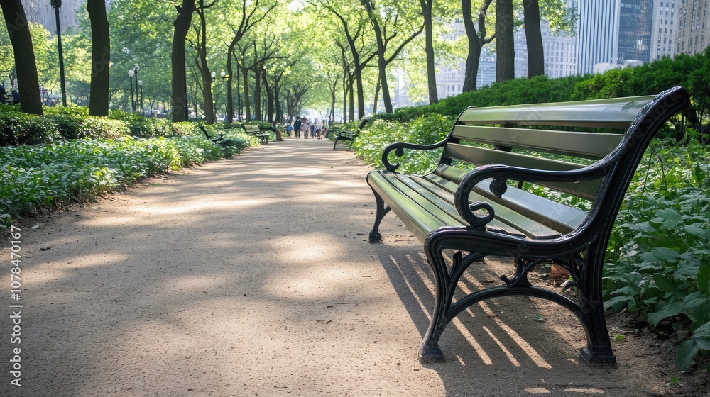 Serene Park Pathway with Greenery and a Black Bench in the Foreground Surrounded by Trees and Sunlight, Ideal for Nature and Tranquility Imagery Serene Park Pathway with Greenery and a Black Bench in the Foreground Surrounded by Trees and Sunlight, Ideal for Nature and Tranquility Imagery