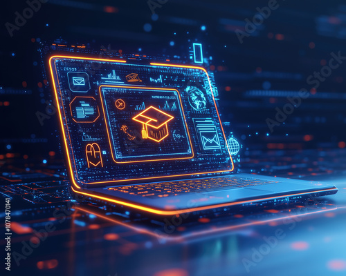 Online education, futuristic laptop with holographic graduation cap icon, digital learning, e-learning, internet education, knowledge, studying, webinar, online course, skill development, technology, 