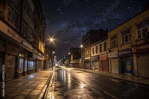Capturing the Stillness of Quarantine Nights: A Serene Urban Landscape Under a Starry Sky with Closed Businesses and Dim Streetlights