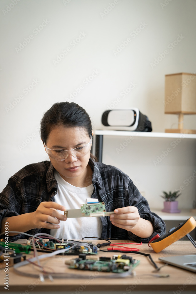 A woman is working on a computer part. She is wearing glasses and a plaid shirt. Concept of focus and concentration as she works on the task at hand A woman is working on a computer part. She is wearing glasses and a plaid shirt. Concept of focus and concentration as she works on the task at hand