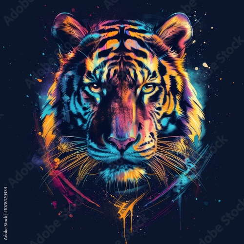 Colorful digital illustration of a tiger head with vibrant splashes and abstract details on a dark background. Wildlife and art concept for posters and wall art. Generative AI