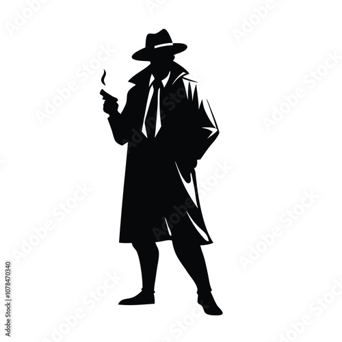 A man in a black coat and hat smoking a cigarette. He is standing in front of a white background