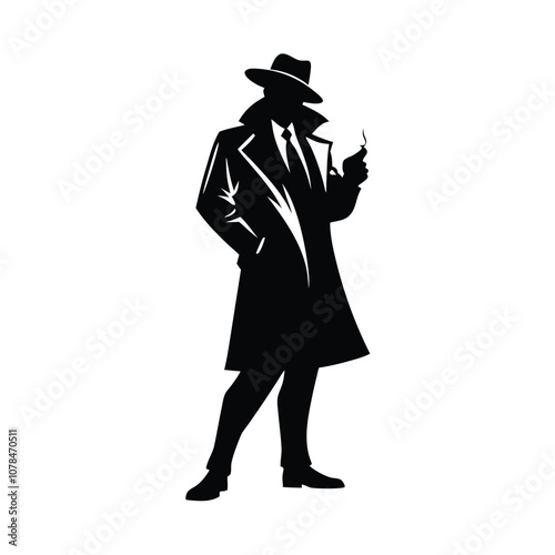 A man in a black coat and hat smoking a cigarette. He is standing in front of a white background