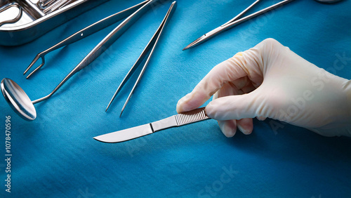 A surgeon with a scalpel and ready surgical instruments.