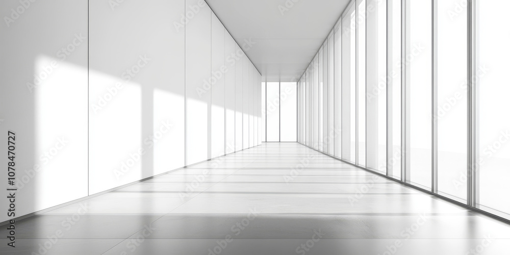 Obraz premium Bright, minimalist hallway with floor-to-ceiling windows, casting soft natural light and shadows, creating an open and modern architectural space. 