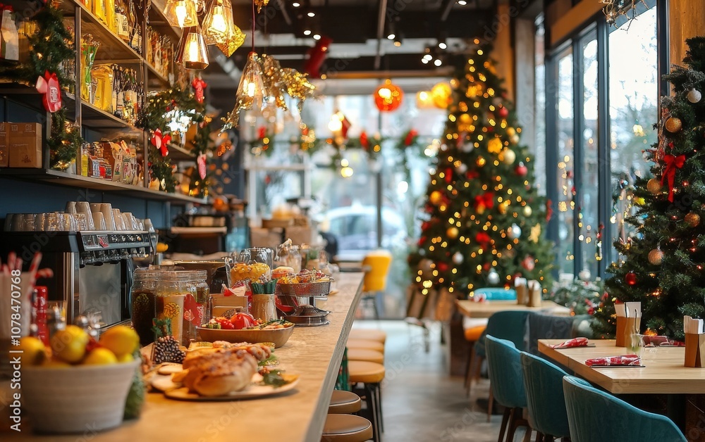 Christmas Brunch Setup in a Cafe Bright cafe decorated for the season, featuring holiday-themed dishes, festive drinks, and a cozy Christmas tree in the background Christmas Brunch Setup in a Cafe Bright cafe decorated for the season, featuring holiday-themed dishes, festive drinks, and a cozy Christmas tree in the background