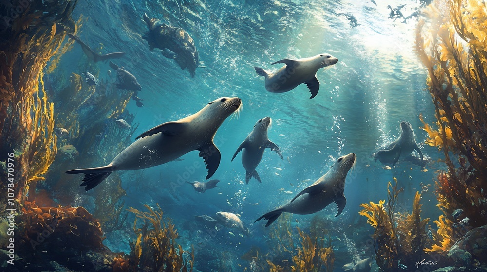 A pod of playful sea lions swim in a kelp forest, sunlight shining through the water above. A pod of playful sea lions swim in a kelp forest, sunlight shining through the water above.