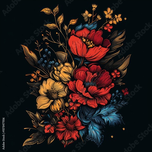 Floral illustration with red, yellow, and blue flowers and leaves on a dark background. Generative AI