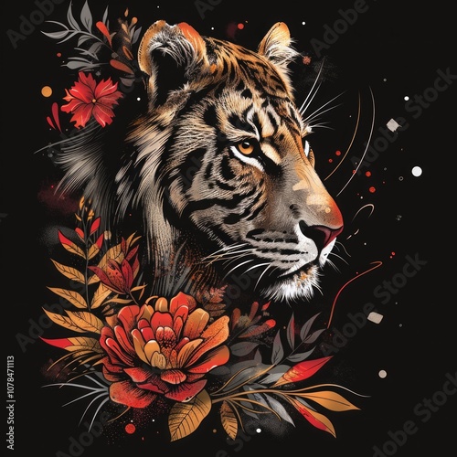 Illustration of a tiger head with red and orange flowers and leaves on a dark background. Generative AI