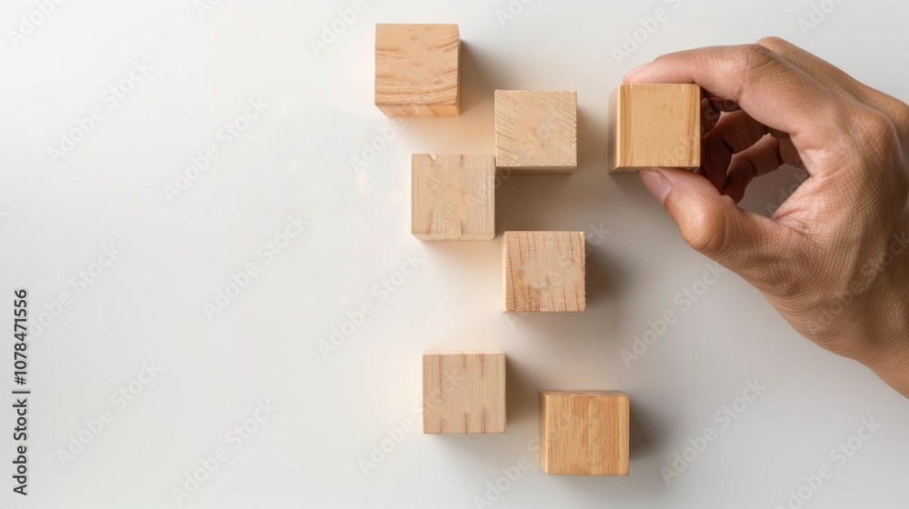 Hand Stacking Wooden Blocks to Build a Tower Representing Growth and Development Hand Stacking Wooden Blocks to Build a Tower Representing Growth and Development