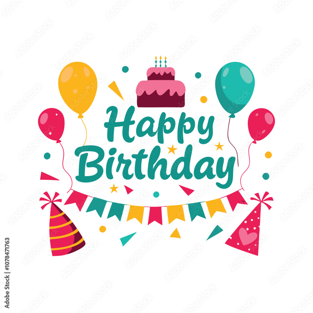 A birthday cake with a candle and a bunch of balloons. The balloons are in different colors and sizes