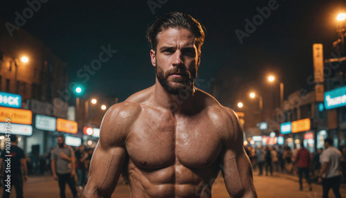 A muscular man stands on a city street at night, looking intently at the camera