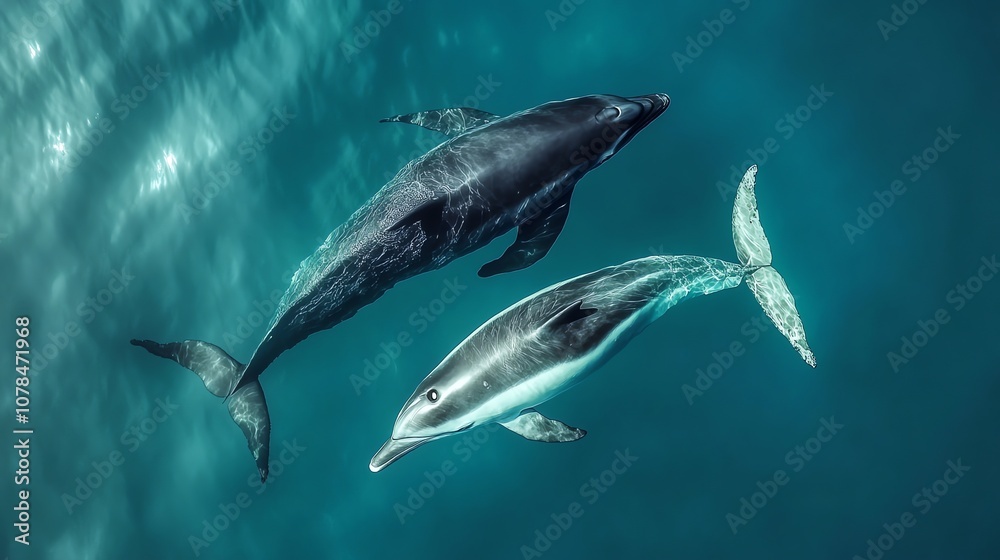 Naklejka premium Two dolphins swim through the ocean.