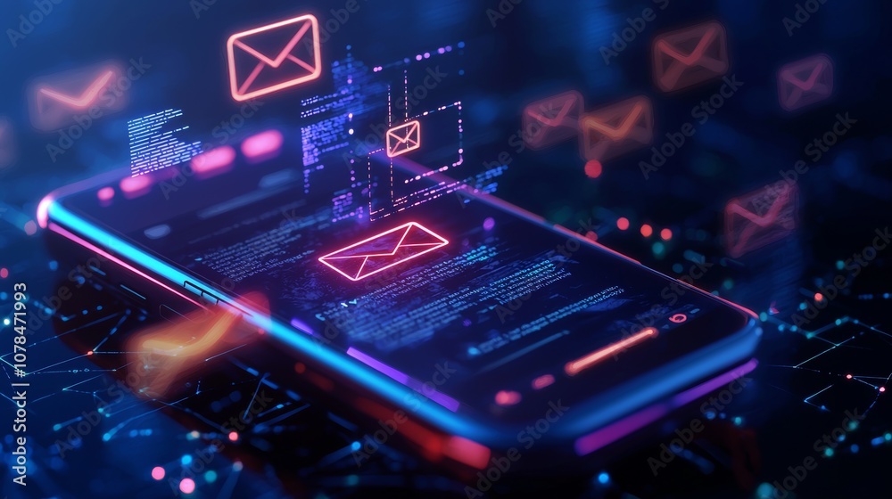 A smartphone displaying colorful digital email notifications and data, set against a vibrant tech-inspired background. A smartphone displaying colorful digital email notifications and data, set against a vibrant tech-inspired background.