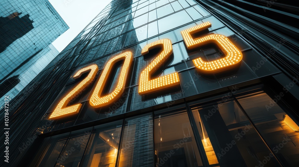 Fototapeta premium Modern High-Rise Building Facade with Bright Countdown Display for New Year 2025 in Urban Setting, Reflecting Glass and Contemporary Architecture