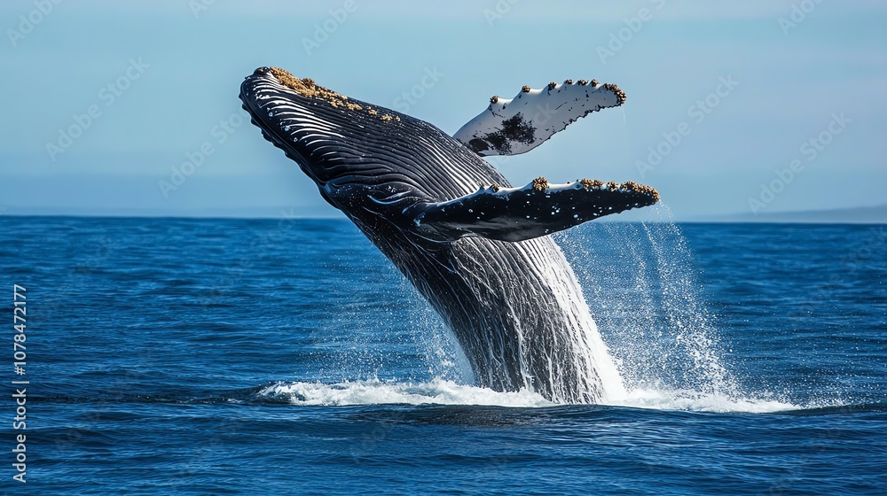 Fototapeta premium A humpback whale breaches the surface of the ocean.