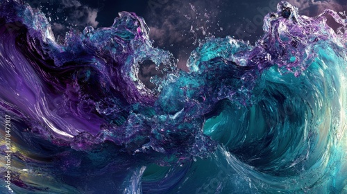 3D wave texture, glossy purple and teal, dynamic flow, digital art, sci-fi vibe, high contrast, smooth edges